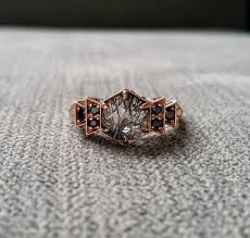 Black And Rose Gold Engagement Rings Antique Black Diamond Rutile Quartz Engagement Ring Rose Gold 1920s Grey Black Copper Gemston Quartz Engagement Ring Antique Wedding Rings Rose Engagement Ring