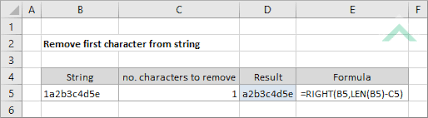 This tutorial will demonstrate you how to remove the last character(s) from a string of text from right in excel and google sheets. Remove First Character From String Using Excel And Vba Exceldome