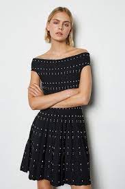 Our women's fit and flare dresses have a fitted bodice and full skirt, making it where to wear fit and flare dresses? Bardot Dot Fit And Flare Knit Dress Karen Millen
