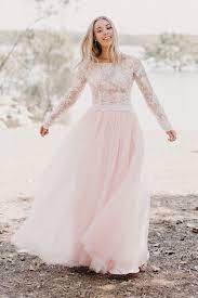 Ivory Lace Long Sleeved Wedding Gown Light Pink Tulle Skirt Long Sleeve Wedding Dress Lace Pink Tulle Skirt Long Wedding Dresses