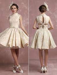 Champagne Wedding Dress Vintage High Collar Bridal Gown Short Jacquard Back Design Sleeveless Bow Pleated Bridal Dress In Knee Length Milanoo Trendy Wedding Dresses Knee Length Wedding Dress Fall Bridesmaid Dresses