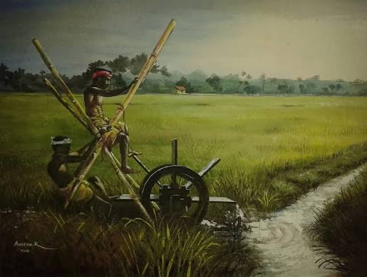 Water Wheel (Chakram Chavittal) Farming in Kerala | Acrylic on Paper | Painting By Aneesh Bandadka | Exotic India Art