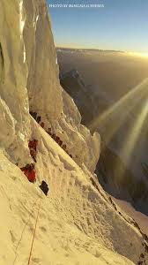 Climbers wait for ropes to be fixed on the traverse. Bottleneck K2 2014 Ice Climbing Mountain Climbing Colorado Hiking