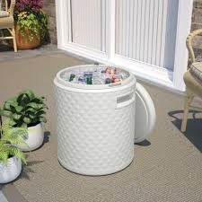 Suncast 54 Quart 60 Can Round Outdoor Patio Cooler Side Table Stool White 44365024929 Ebay In 2020 Patio Cooler Cool Tables Outdoor End Tables