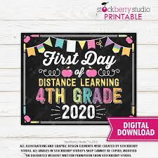Girl First Day Of 4th Grade Distance Learning Sign Printable Etsy In 2020 School Signs First Day Of School Distance Learning