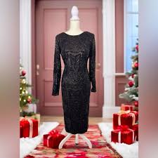 Dress the Population Women's Emery Long Sleeve Stretch Sequin Midi Sheath  MED