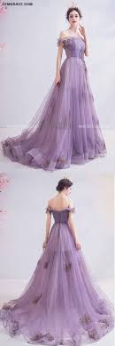 White prom dress with purple flowers. 155 99 Beautiful Dusty Purple Long Train Prom Dress Off Shoulder With Flowers Wholesale T76024 Gemgrace Com Prom Dress With Train Dresses Floral Prom Dresses