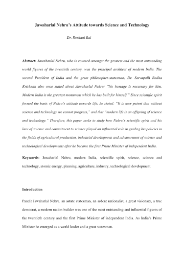 PDF) Jawaharlal Nehru's Attitude towards Science and Technology