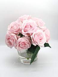 Light pink flowers in vase. Light Pink Rose Arrangement Real Touch French Country Artificial Faux Forever Flowers In Glass Vase For Home Decor By Blue Paris Flowers Paris Flowers Light Pink Rose Rose Arrangements