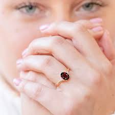 14K Gold Moissanite Garnet Ring, Oval Cut Red Garnet Engagement Ring with Diamond Accents, Natural Gemstone Ring, Cluster Ring, Wedding Ring