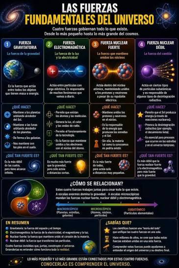 En el universo existen cuatro fuerzas fundamentales que rigen todas las  interacciones entre las partículas subatómicas y los objetos macroscópicos  que podemos observar en nuestro día a día. Estas fuerzas son la