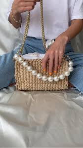 90e Baguette Bag Summer Straw Handbag Pearl Beads Handle Bag Etsy Video Video In 2020 Crochet Bag Straw Bag Trending Handbag