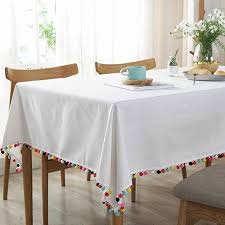 Amazon Com Amzali Pompom Tassel Tablecloth Cotton Linen Dust Proof Table Cover For Kitchen Picnic Dinning Tablet Table Cloth Table Top Decor White Table Cloth