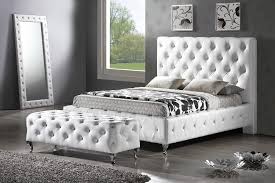 Tan leather tufted bed with oakwood rails with button details. Baxton Studio Bbt6220 Stella Crystal Tufted White Modern Bed With Upholstered Headboard King