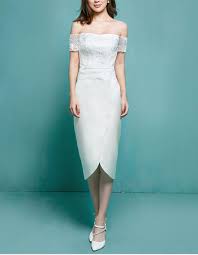 As one of the comprehensive wedding dress retailers around, we couldn't but include an extensive range of tea length bridal dresses, like david's bridal, jlm couture and so on. Inexpensive Sheath Off The Shoulder Tea Length Garden Wedding Dress Us 122 99 Idreambuy Com
