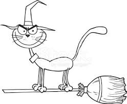 The witch's broom features a two piece snap together broom handle and comes with four different colored ribbons. Black And White Cat Witch Fly A Broom Clipart Image
