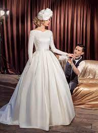Classic Vintage Modest Long Sleeve Soft Satin Wedding Dress Bridal Gown Full Skirt Ball Gown Wedding Dress Bridal Dresses Modest Wedding Dresses