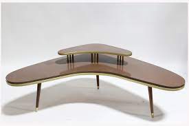 Vintage boomerang coffee or side table by berthold müller, 1950s. Table Coffee Table Vintage Corner Kidney Boomerang Shape 2 Levels W Smaller Shelf 3 Legs Brass Capped Feet Trim Laminate Brown Vanprop Ca