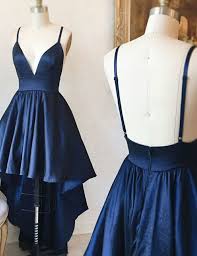 Black And Blue Prom Dress Simple High Low Spaghetti Straps Long Navy Blue Satin Prom Party Dress Homecoming Dresses High Low Blue High Low Dress Prom Dresses Blue