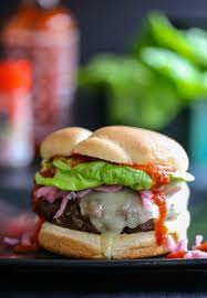 Korean Barbecue Burger With Pickled Onions Climbing Grier Mountain Barbecue Burgers Food Pickled Onions