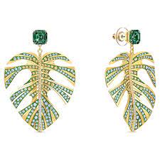 Tropical Leaf Pierced Earrings, Green, Gold-tone plated | Swarovski.com