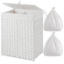 Hand woven rattan baskets on wheels. Synthetic Rattan Wicker Handwoven Laundry Basket With Lid And Handle Crehomfy Laundry Hamper With Wheels And 2 Liner Bags Collapsible Dirty Clothes Hamper For Laundry Room Bedroom Black 2 Section Laundry Storage