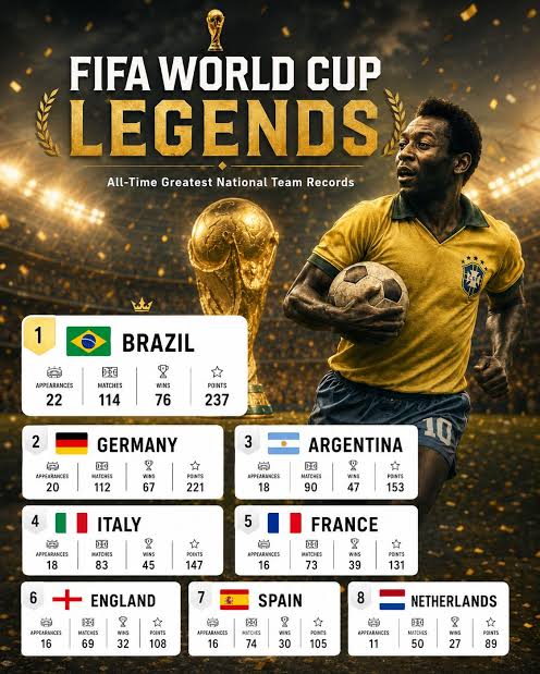 🏆⚽ FIFA World Cup Legends ⚽🏆 The greatest national teams in World Cup history, ranked by appearances, matches played, victories, and total points. 🇧🇷 Brazil leads the all-time standings with an unmat