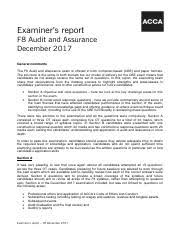 With textbook solutions you get more than just answers. F8 Examreport March 2018 Examiner U2019s Report F8 Audit And Assurance March 2018 General Comments The F8 Audit And Assurance Exam Is Offered In Both Course Hero