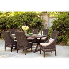 Hampton Bay Woodbury 7 Piece Wicker Outdoor Patio Dining Set With Textured Sand Cushions D9127 7pc The Home Depot Patio Seating Patio Seating Sets Patio Dining Chairs