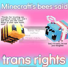 Trans people being bees was kind of a surreal inside joke for a while (src: Minecraft Bees Said Trans Rights Traaaaaaannnnnnnnnns