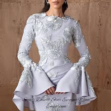 تخصيص رائعة ثلاثية الأبعاد الزهور فساتين المشاهير حساسة حورية البحر طويلة  الأكمام فستان سهرة أنيق س الرقبة جيرسي رداء دي سواريه - اكسسواراتى سعادتى