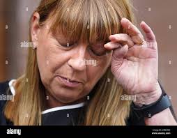 Linda Allan mother of Katie Allan as she speaks to the media after a first  court hearing at Falkirk Sheriff Court for the Fatal Accident Inquiry into Katie  Allan and William Lindsay,