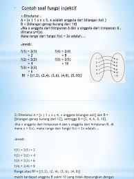 Misalkan f merupakan fungsi dari a ke b maka f disebut fungsi pada jika setiap unsur b di kodomain maka selalu terdapat unsur dalam a. Contoh Soal Fungsi Injektif Pdf