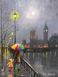 Pete Rumney Fine Art Modern Acrylic Oil Original Painting Thames London Big Ben Rain Art Rumney Art