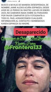 Jaime ACUÑA Espinoza 17 á,joven desaparecido en Curacautin,  Araucanía.Cualquier información de su paradero avisar a Carabineros o su  familia. Por favor. Muchas gracias. Jaime Acuña