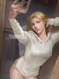 art of neight, annie leonhart, shingeki no kyojin, commentary, english  commentary, highres, 1girl, artist name, artstation logo, blonde hair, blue  eyes, breasts, cellphone, contemporary, contrapposto, covered erect  nipples, deviantart logo, facebook logo,