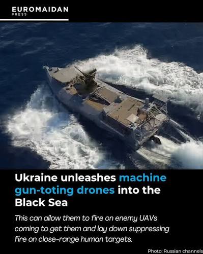 Ukraine's sea drones are continuing to evolve, mounting machine guns on  their hulls. The Ukrainian Navy's video from yesterday's strike on the  Russian-held Sivash drilling rig in the Black Sea showed a