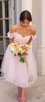Tea Length Pink Bridesmaid Dress Off Shoulder Sleeve Vintage Wedding Party Dress From Sancta Sophia Knee Length Wedding Dress Pink Wedding Dresses Vintage Bridesmaid Dresses