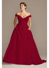 Available in ivory or white with ivory, vanilla or white grosgrain sash. Off Shoulder Satin Gown Plus Size Wedding Dress David S Bridal