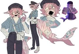 roblox, highres, 1other, animal ears, black pants, blue jacket, fins, fish  tail, full body, furry, glasses, jacket, lapels, minho (stealsyourcat1),  mio (retrorade), notched lapels, pants, pink eyes, pink hair, reference  inset, regretevator,