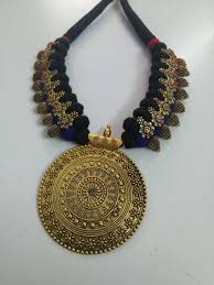 Black And Gold Necklace Fashion Jewelry Oxidized Metal Jewellery Necklace Black Blue Golden Pendant Jewelry Round Indian Traditio Gold Fashion Necklace Hand Jewelry Handmade Fashion Jewelry