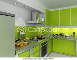 Custom modern nontoxic kitchen cabinetry is european inspired, american made. Green Kitchen 3d Rendering Of A Modern Spacious Kitchen In Green And Chrome Canstock