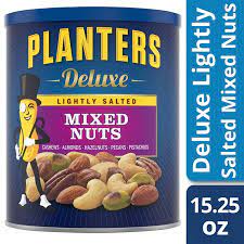 Planters Deluxe Lightly Salted Mixed Nuts With Cashews Almonds Hazelnuts Pecans Pistachios 15 25 Oz Canister Walmart Com Mixed Nuts Snack Mix Snacks