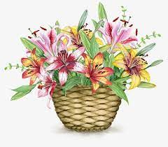 A hand in a beautiful lace cuff holds a lovely pink ribbon and bow tied around the basket handle as it dangles mid air. Beautifully Basket Flower Baskets Baskets Decoration Water Painted Baskets And Flowers Beautiful Basket Of Water Paint Flowers Flower Basket Watercolor Images