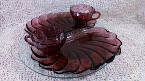 Hazel Ware Informal Seashell Amethyst Luncheon sets. Set of 4 Amethyst  Glass Hazel Atlas Seashell snack plates and cups in original box.