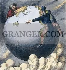 Image of CARTOON: IMPERIALISM, 1876. - 'The Two Young Giants, Ivan And  Jonathan, Reaching For Asia By Opposite Routes.' American Cartoon  Occasioned By The United States' Signing A Commercial Pact With Hawaii