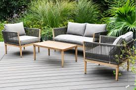Whether you opt for a classic wooden dining table and chairs, a hardwearing teak a contemporary design with bold linear styling, this fsc certified acacia wood garden sofa set offers stylish and comfortable lounging. Maze Rattan Palma 2 Seat Sofa Set With Outdoor Rope Wooden Sofa Set Garden Sofa Set Furniture