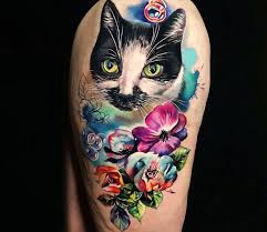 Another beautiful watercolor cat and flower tattoo. Cat And Flowers Tattoo By Lena Art Post 28105