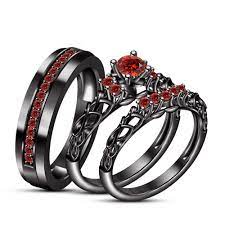 Black Gp 925 Silver Red Garnet His Her Matching Band Engagement Ring Trio Set Wedding Ring Trio Sets Skull Wedding Ring Black Gold Jewelry