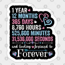 On the first anniversary of your marriage you would have been married for 365 days (366 if it included a leap year) which equates to 8,760 hours or 525,600 minutes or over 31 million seconds. 1st Wedding Anniversary Tshirt Matching Couple 1 Year Wedding Marriage Gift For Husband And Wife 1st Wedding Anniversary Pegatina Teepublic Mx